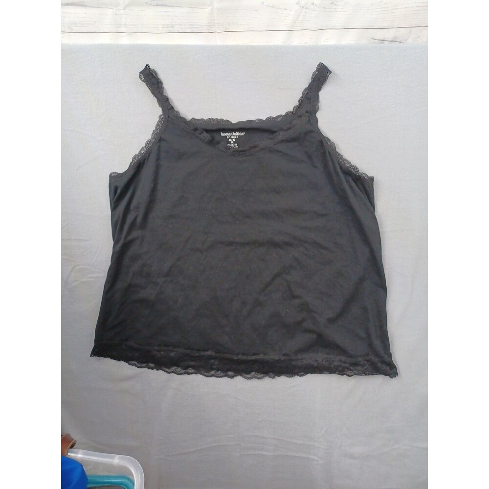 Y2K Woman Within Black Spaghetti Strap Top Sz 30/32 - 3X Cami Lace Trim Hem